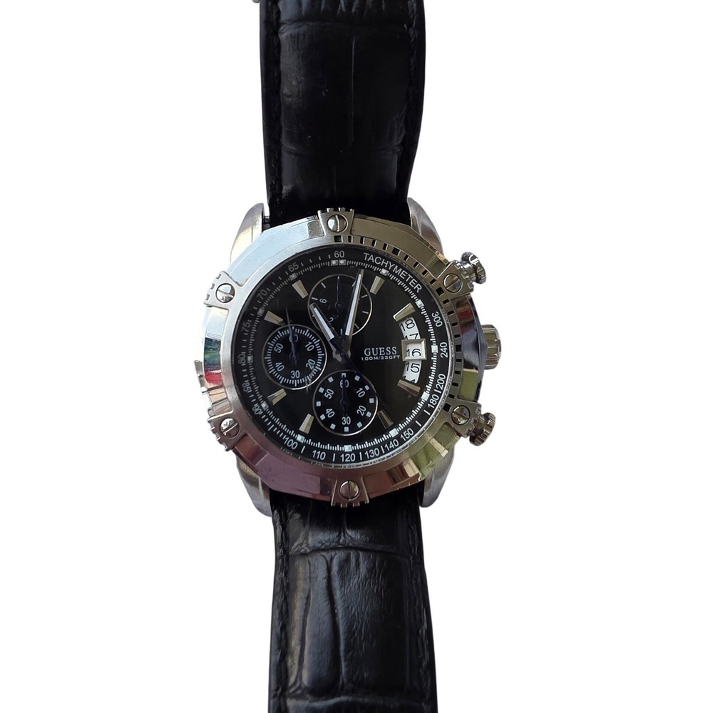 Guess Waterpro Chronograph Mens Watch Black Leather Strap U16518G2 100M Stainles